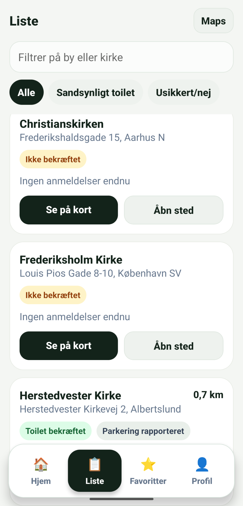 Tissetårnet liste med toiletfilter og kirker i nærheden