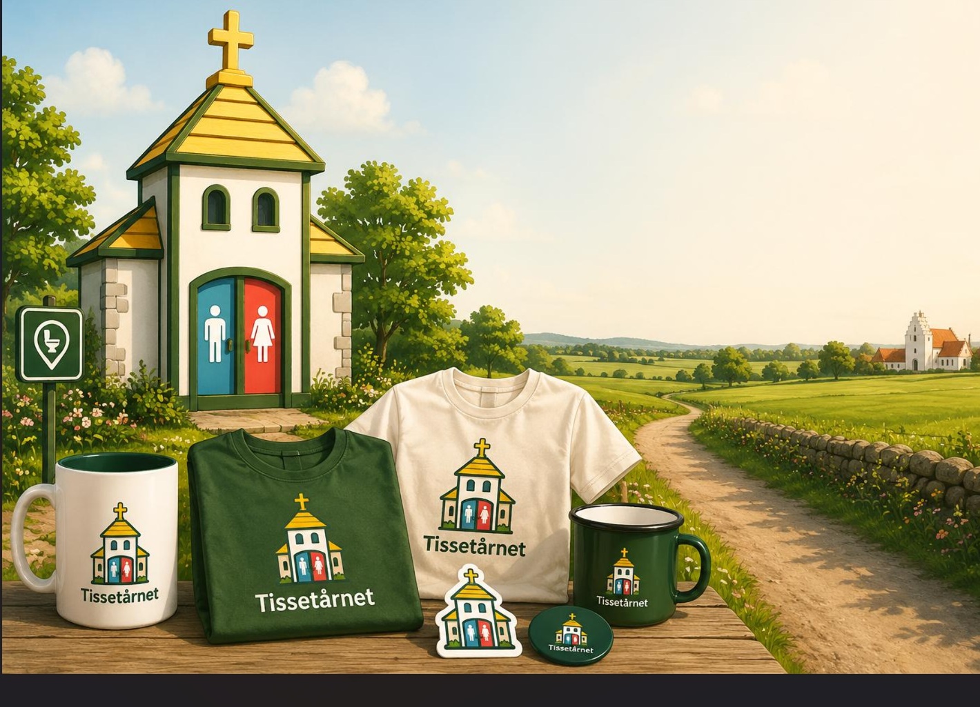 Tissetårnet merch med krus, tøj og små produkter i et dansk landskab